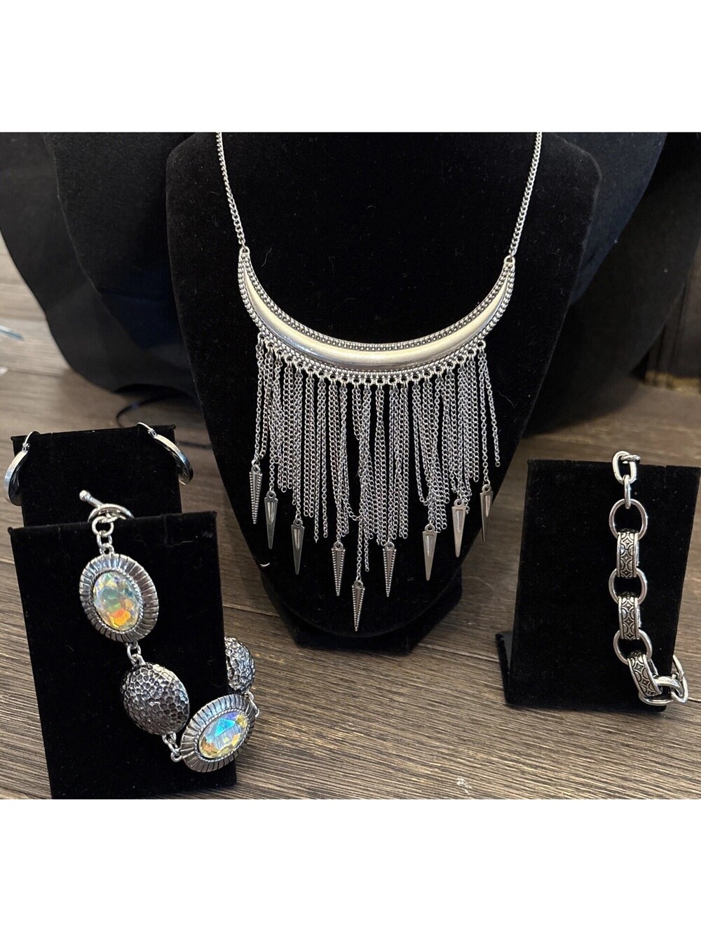 4 Lot aurora borealis bracelet Bib Necklace Earrings Chain Bracelet Silver Tone